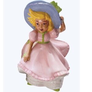 Vintage Ceramic Lady Figurine Pink Dress Blue Bonnet Blonde Girl 7.5"